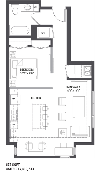 Floor plan for 1 bed, 1 bath, 642 sqft